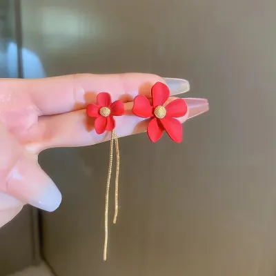 Korean Red Petals Flower Earrings